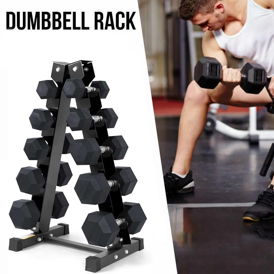 Hex Dumbbells 5 Tier Rack with or without Weights & Bench – Vertical Dumbbell Storage Stand for Home Gym