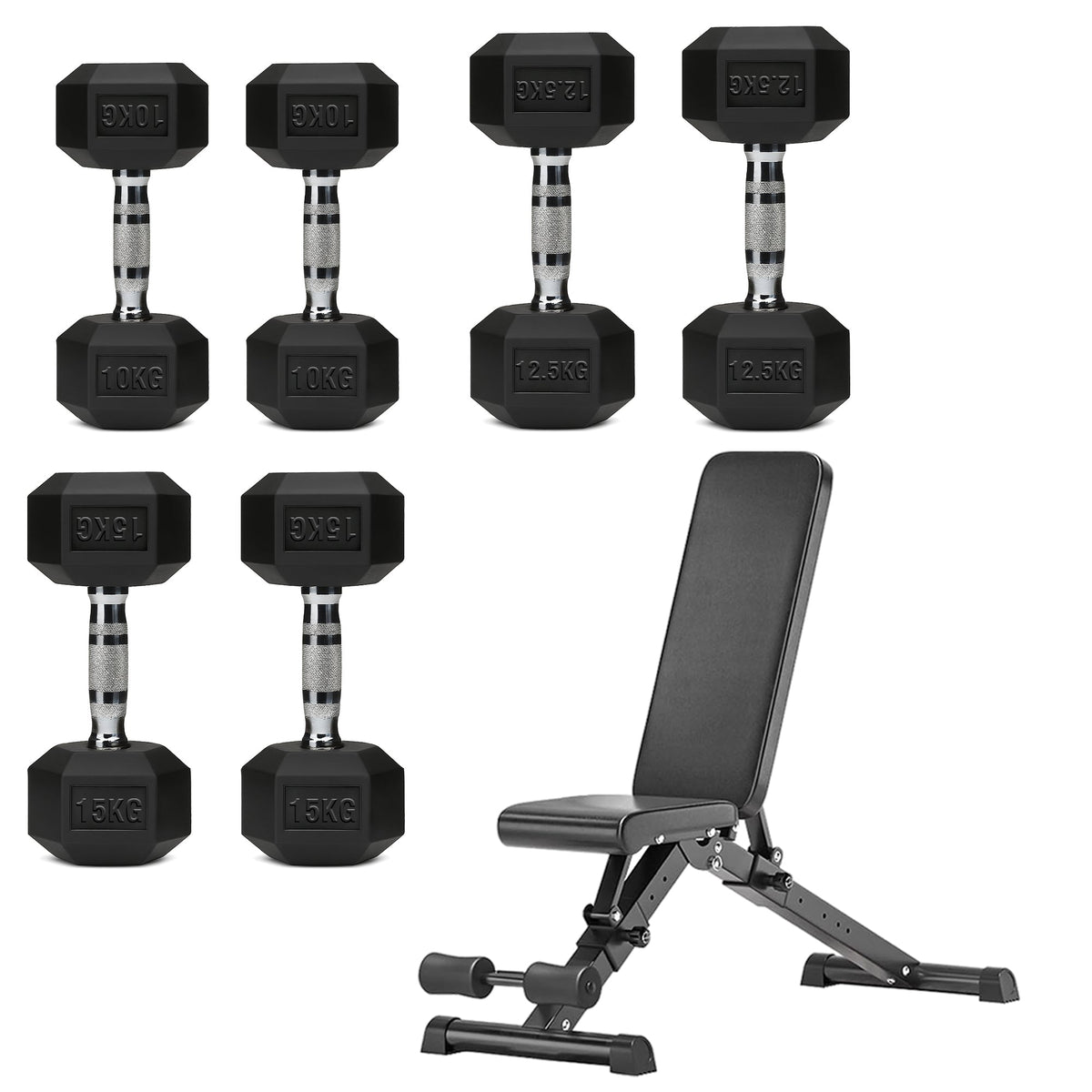 Hex Dumbbell Set with 3-Tier Tree Rack & Optional Bench – Rubber Coated Anti-Roll Weights for Home Gym