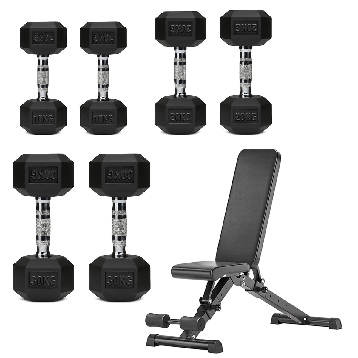 Hex Dumbbell Set with 3-Tier Tree Rack & Optional Bench – Rubber Coated Anti-Roll Weights for Home Gym
