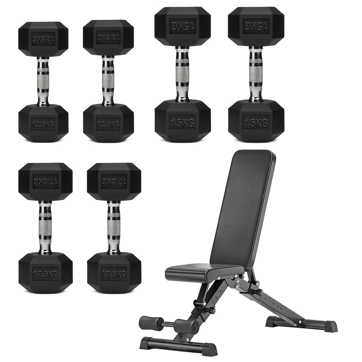 Hex Dumbbell Set with 3-Tier Tree Rack & Optional Bench – Rubber Coated Anti-Roll Weights for Home Gym
