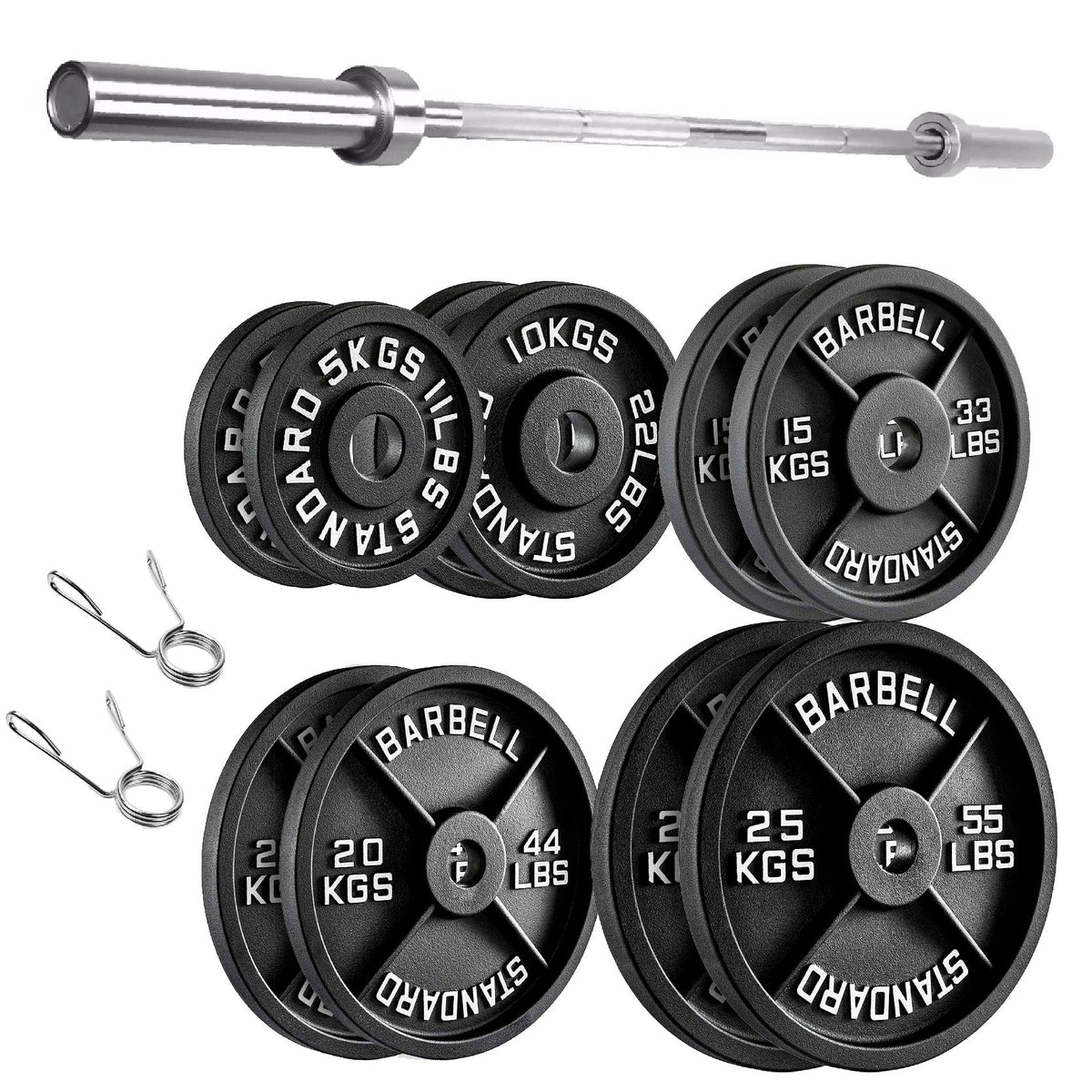 Cast Iron Weight Plates Set and Pair with Olympic Barbell + Clips