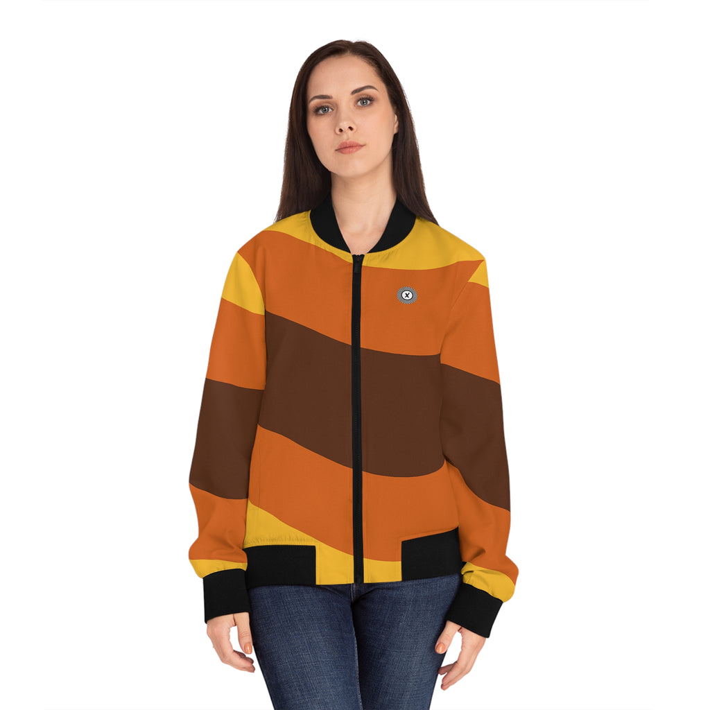 Retro Wave Stripe Bomber Jacket | Orange Brown All-Over Print