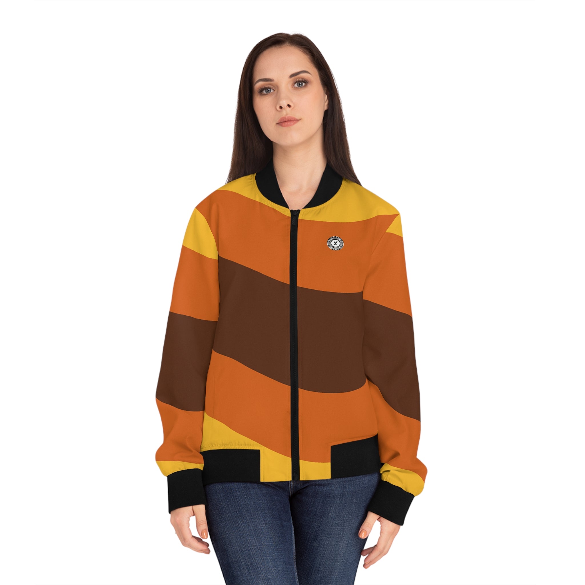 Retro Wave Stripe Bomber Jacket | Orange Brown All-Over Print