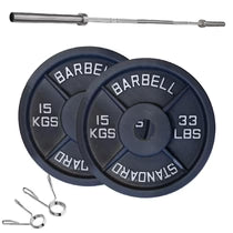 Cast Iron Weight Plates Set and Pair with Olympic Barbell + Clips