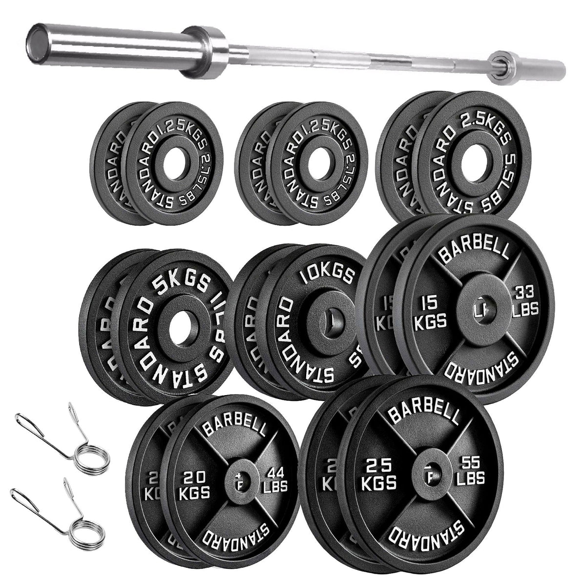 Cast Iron Weight Plates Set and Pair with Olympic Barbell + Clips