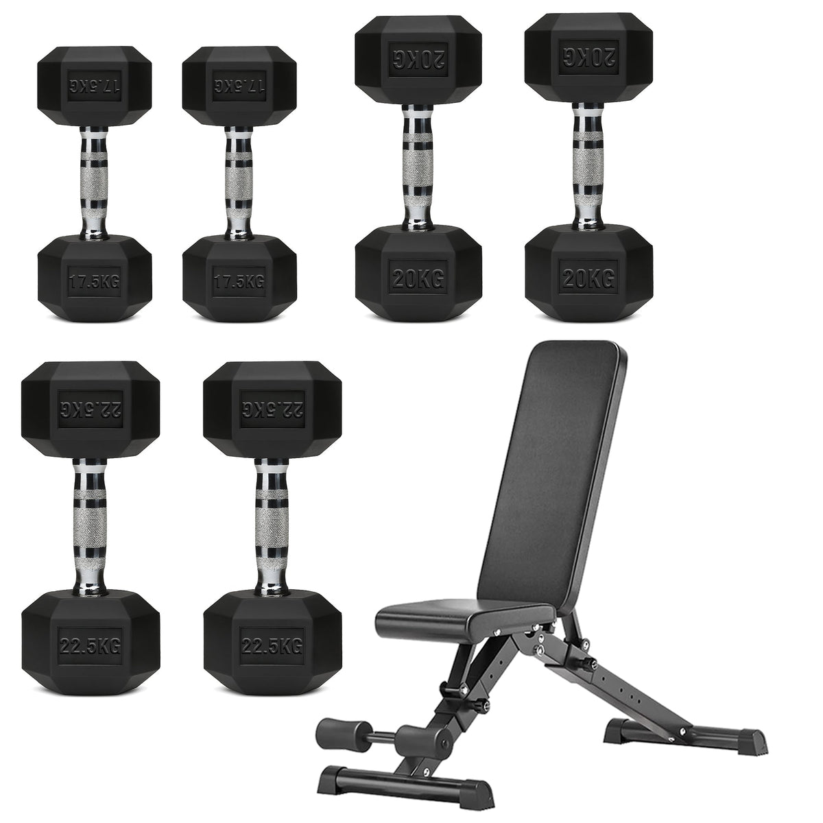 Hex Dumbbell Set with 3-Tier Tree Rack & Optional Bench – Rubber Coated Anti-Roll Weights for Home Gym
