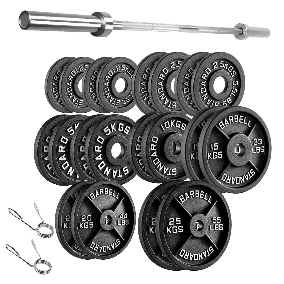 Cast Iron Weight Plates Set and Pair with Olympic Barbell + Clips