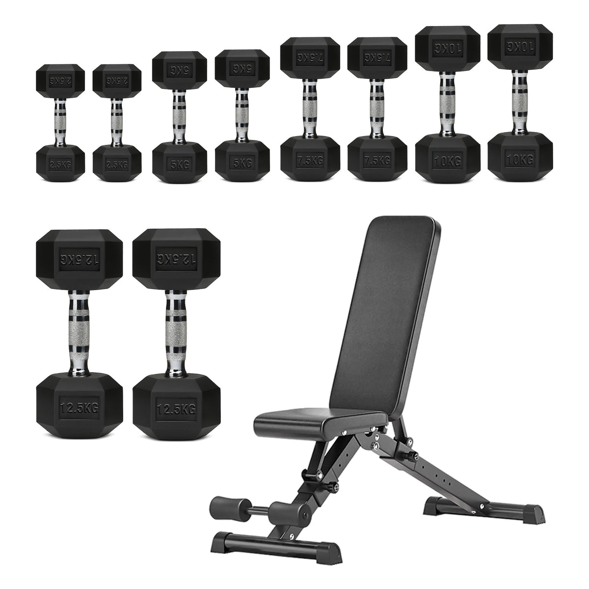 Hex Dumbbells 5 Tier Rack with or without Weights & Bench – Vertical Dumbbell Storage Stand for Home Gym
