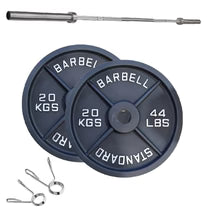 Cast Iron Weight Plates Set and Pair with Olympic Barbell + Clips