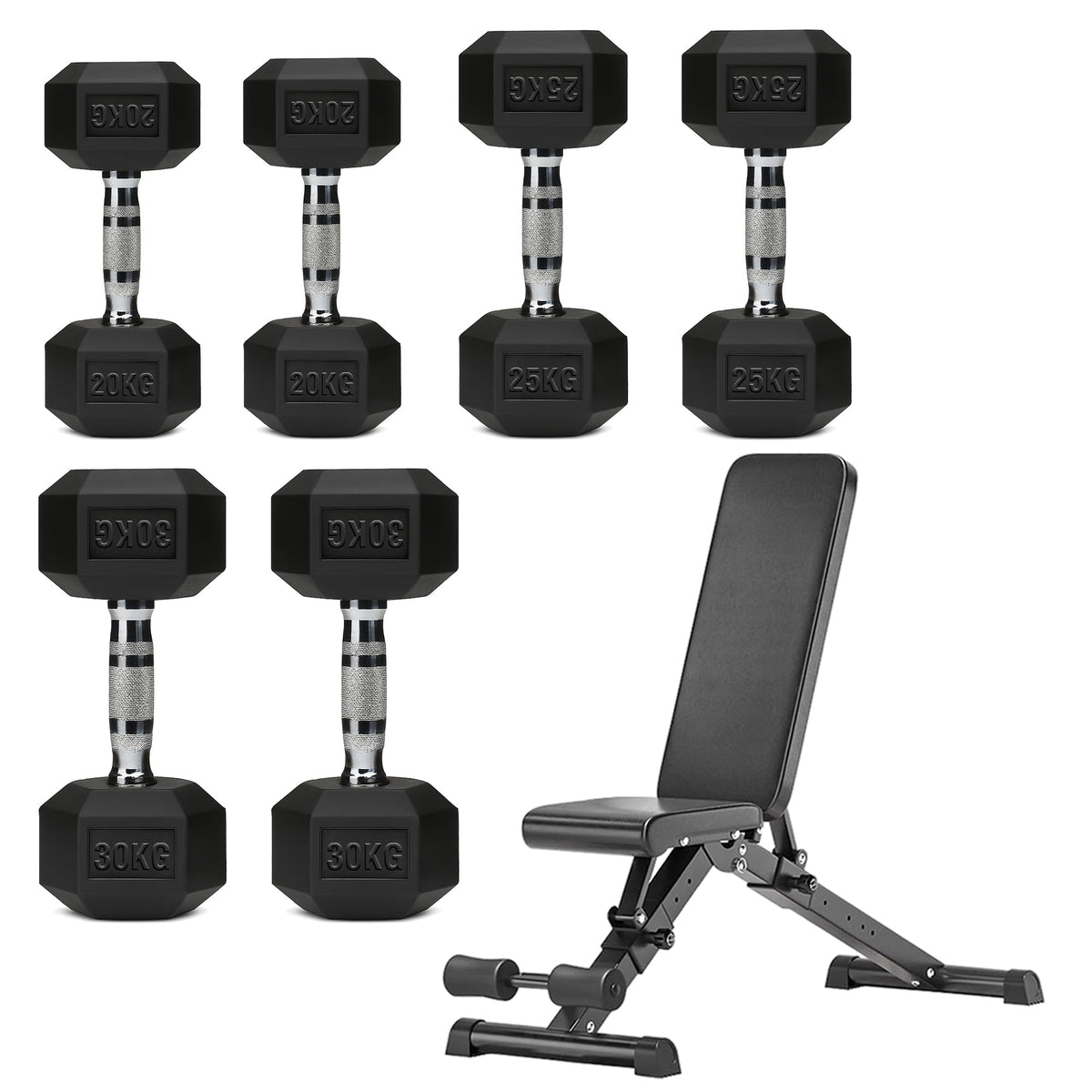 Hex Dumbbell Set with 3-Tier Tree Rack & Optional Bench – Rubber Coated Anti-Roll Weights for Home Gym