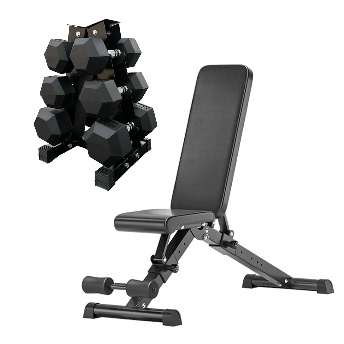 Hex Dumbbell Set with 3-Tier Tree Rack & Optional Bench – Rubber Coated Anti-Roll Weights for Home Gym