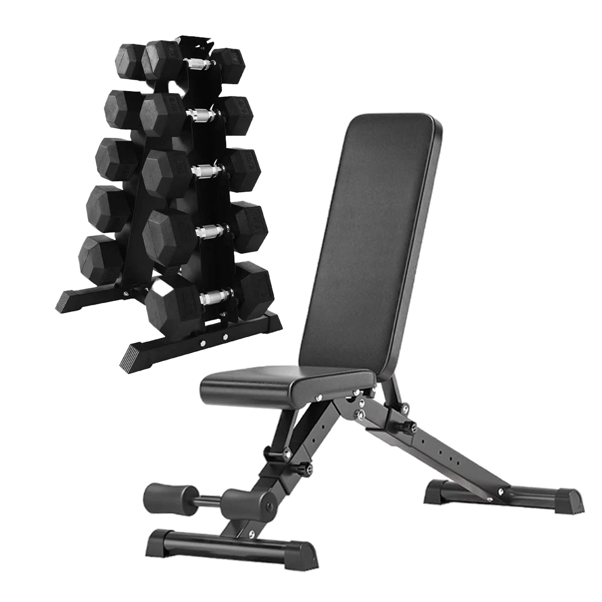 Hex Dumbbells 5 Tier Rack with or without Weights & Bench – Vertical Dumbbell Storage Stand for Home Gym