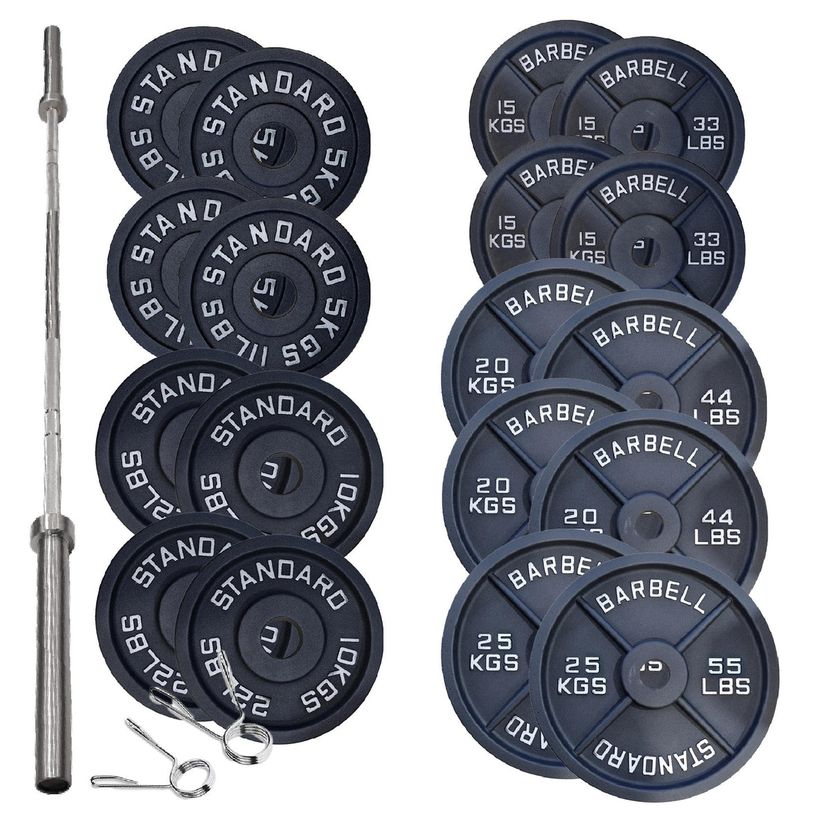 Cast Iron Weight Plates Set and Pair with Olympic Barbell + Clips