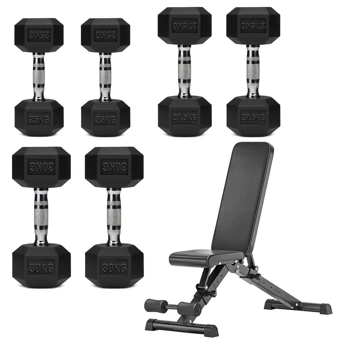 Hex Dumbbell Set with 3-Tier Tree Rack & Optional Bench – Rubber Coated Anti-Roll Weights for Home Gym
