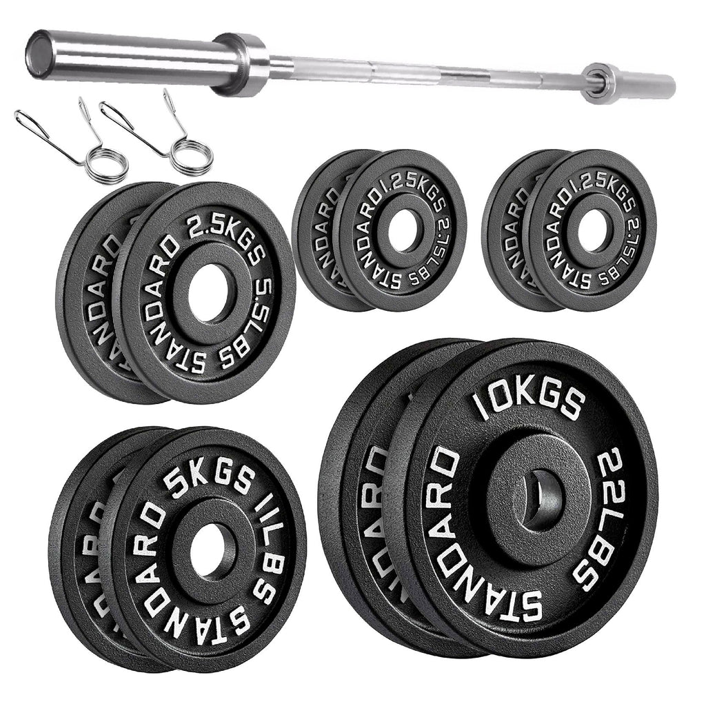 Cast Iron Weight Plates Set and Pair with Olympic Barbell + Clips