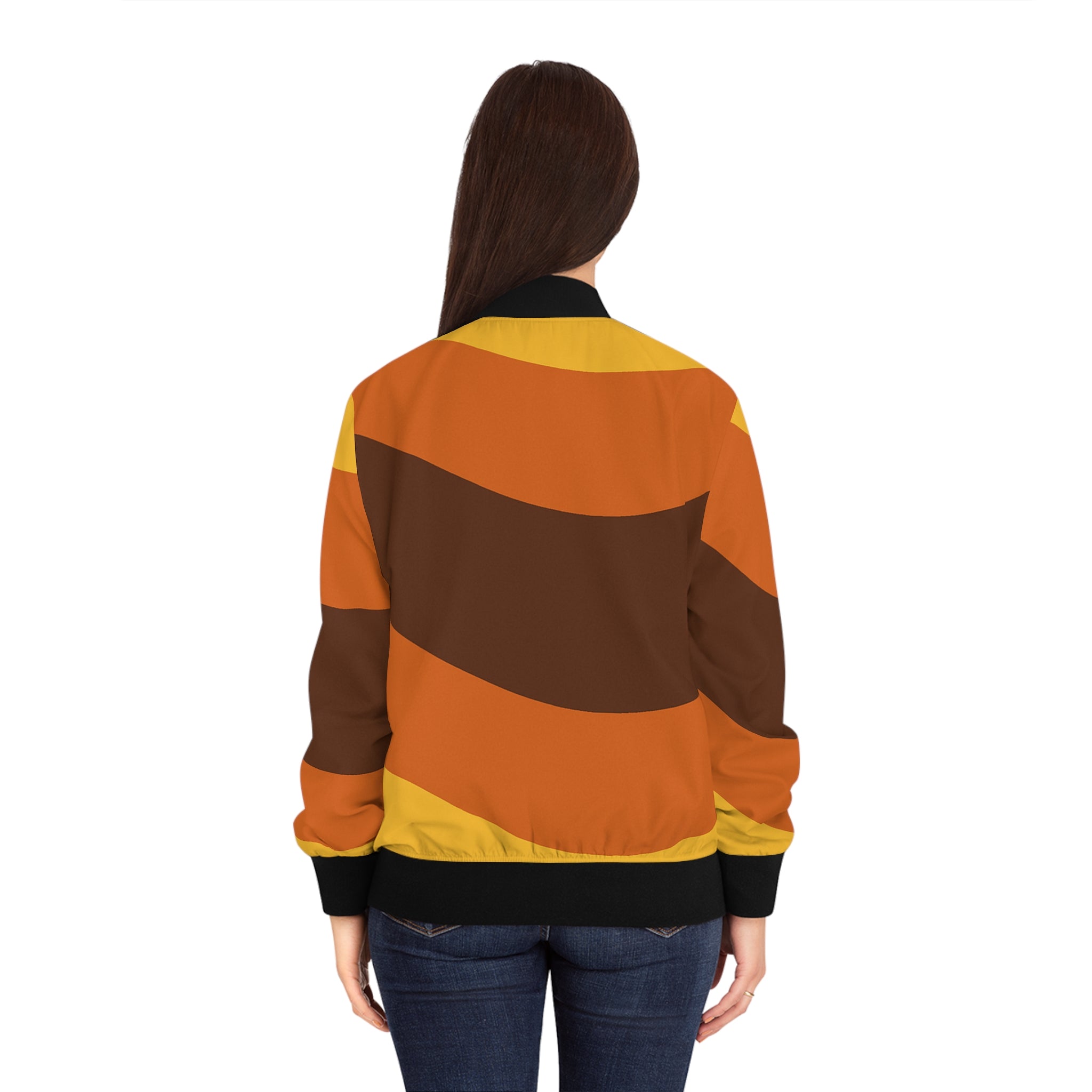 Retro Wave Stripe Bomber Jacket | Orange Brown All-Over Print