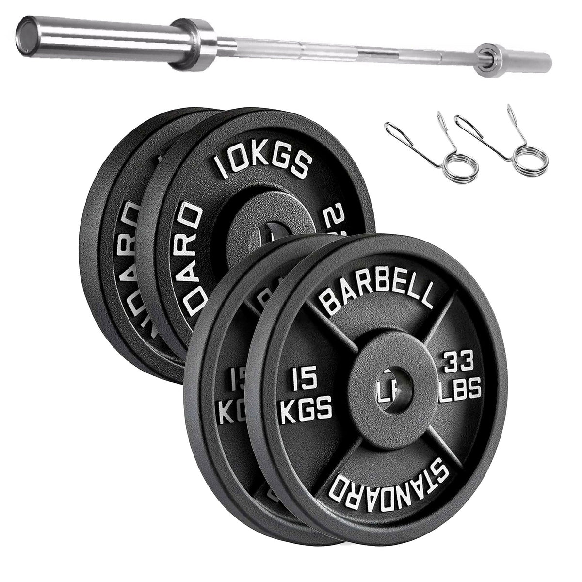 Cast Iron Weight Plates Set and Pair with Olympic Barbell + Clips