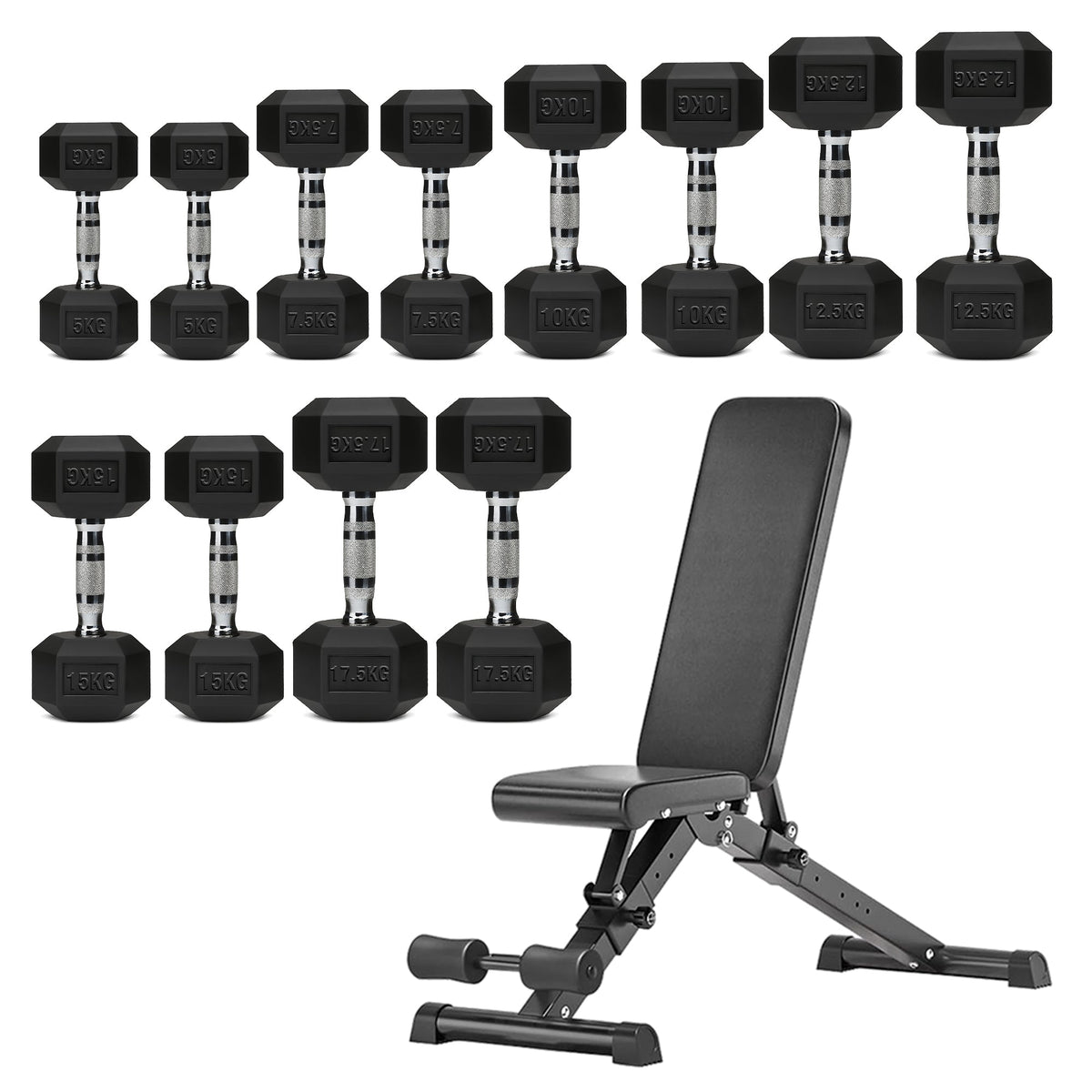 Hex Dumbbells 6 Tier Rack with or without Weights & Bench – Vertical Dumbbell Storage Stand for Home Gym (2.5kg–30kg)