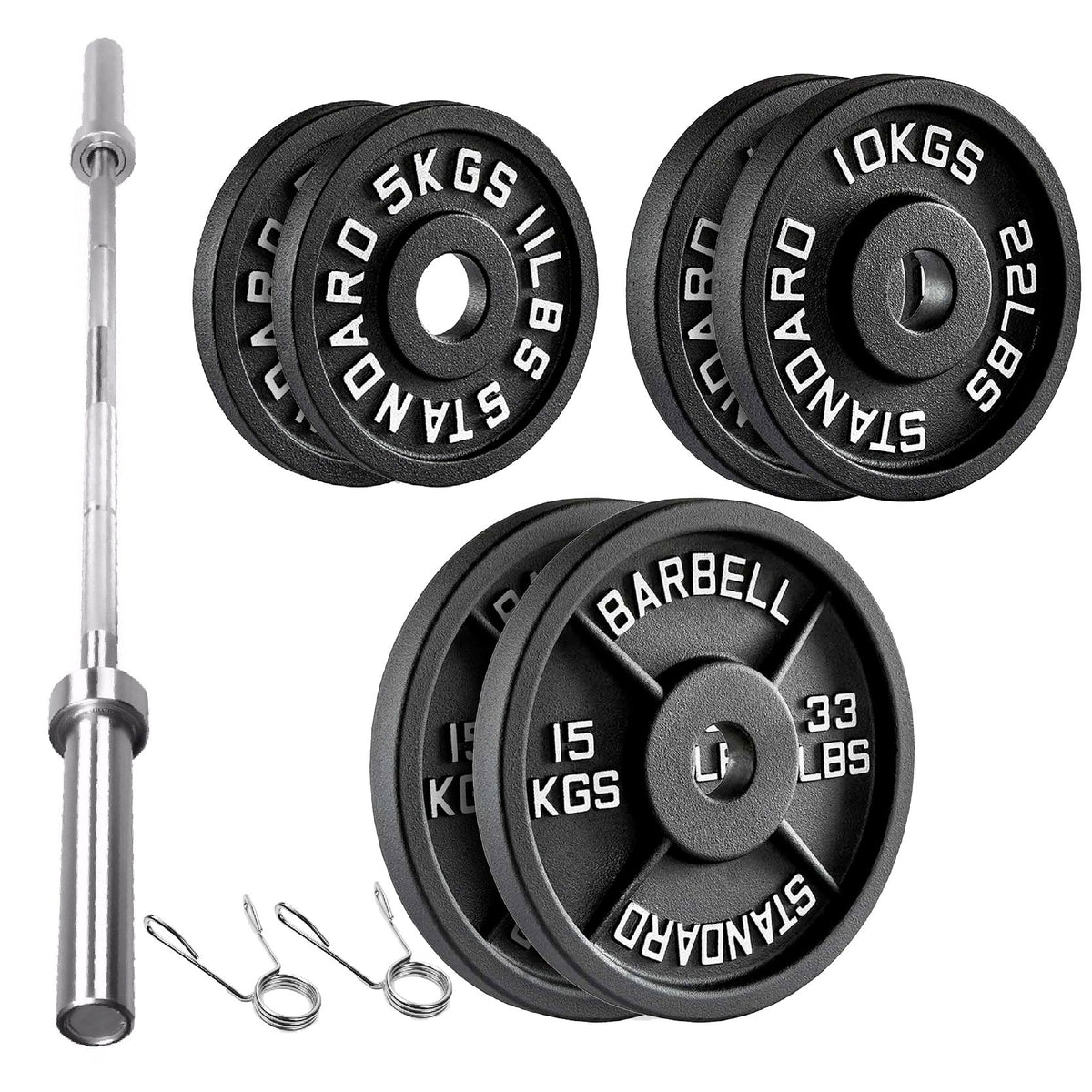 Cast Iron Weight Plates Set and Pair with Olympic Barbell + Clips