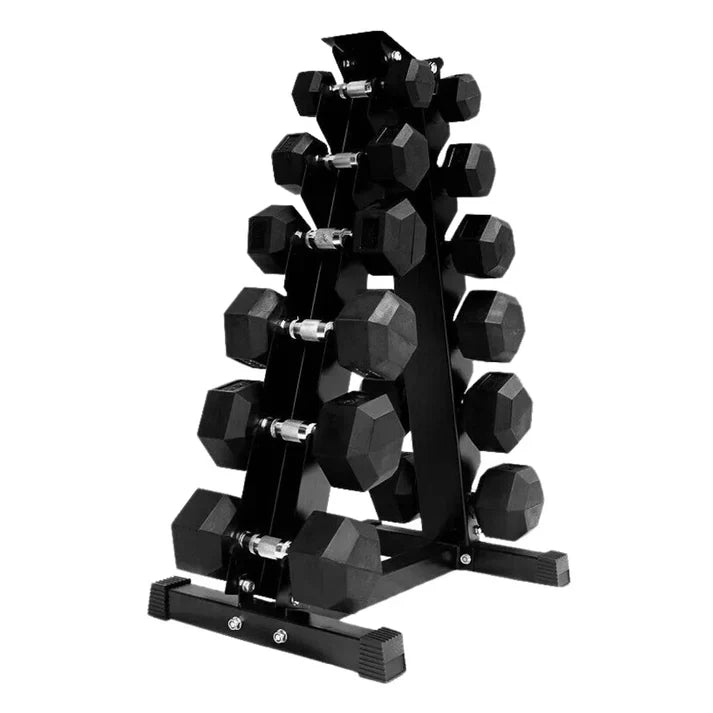 Hex Dumbbells 6 Tier Rack with or without Weights & Bench – Vertical Dumbbell Storage Stand for Home Gym (2.5kg–30kg)