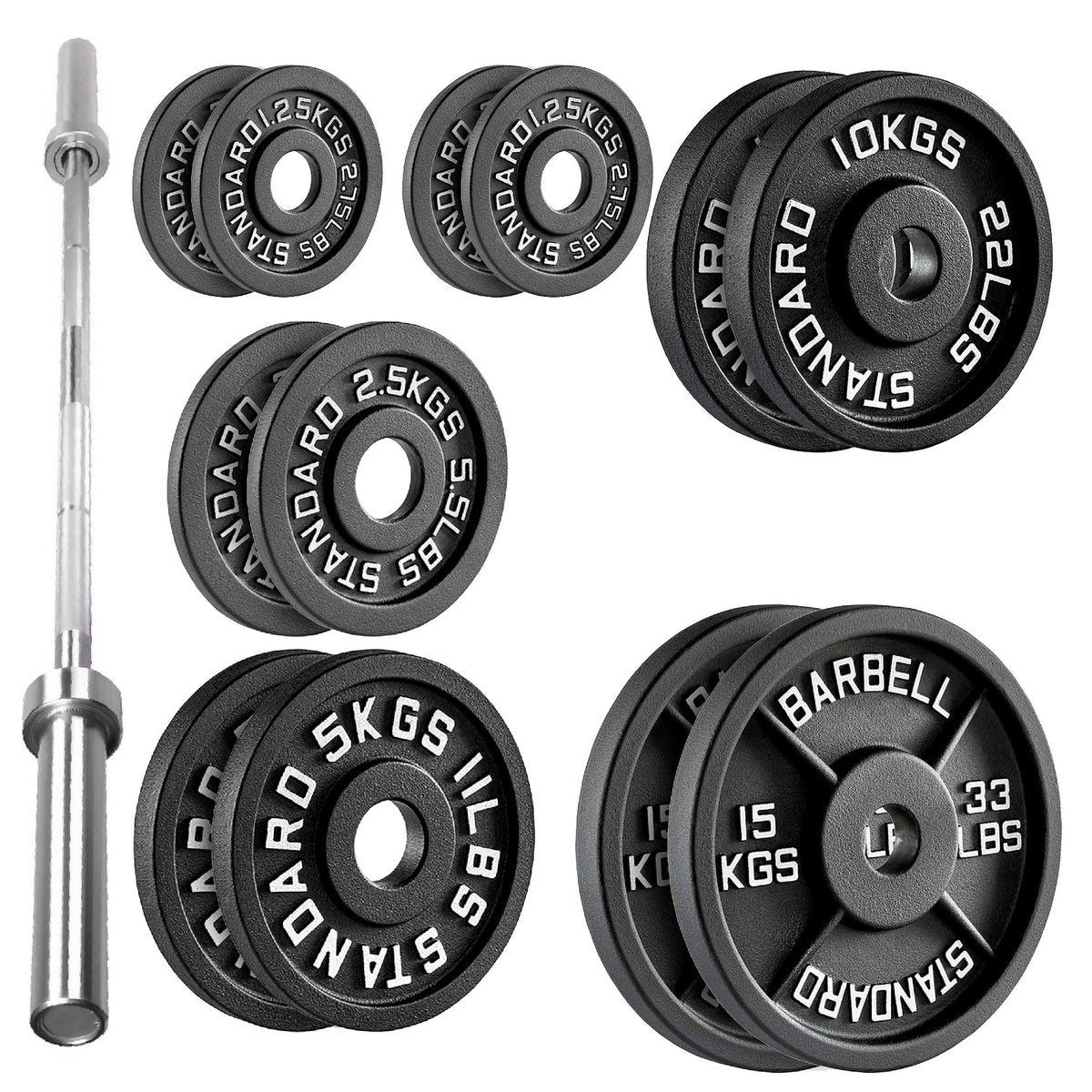 Cast Iron Weight Plates Set and Pair with Olympic Barbell + Clips