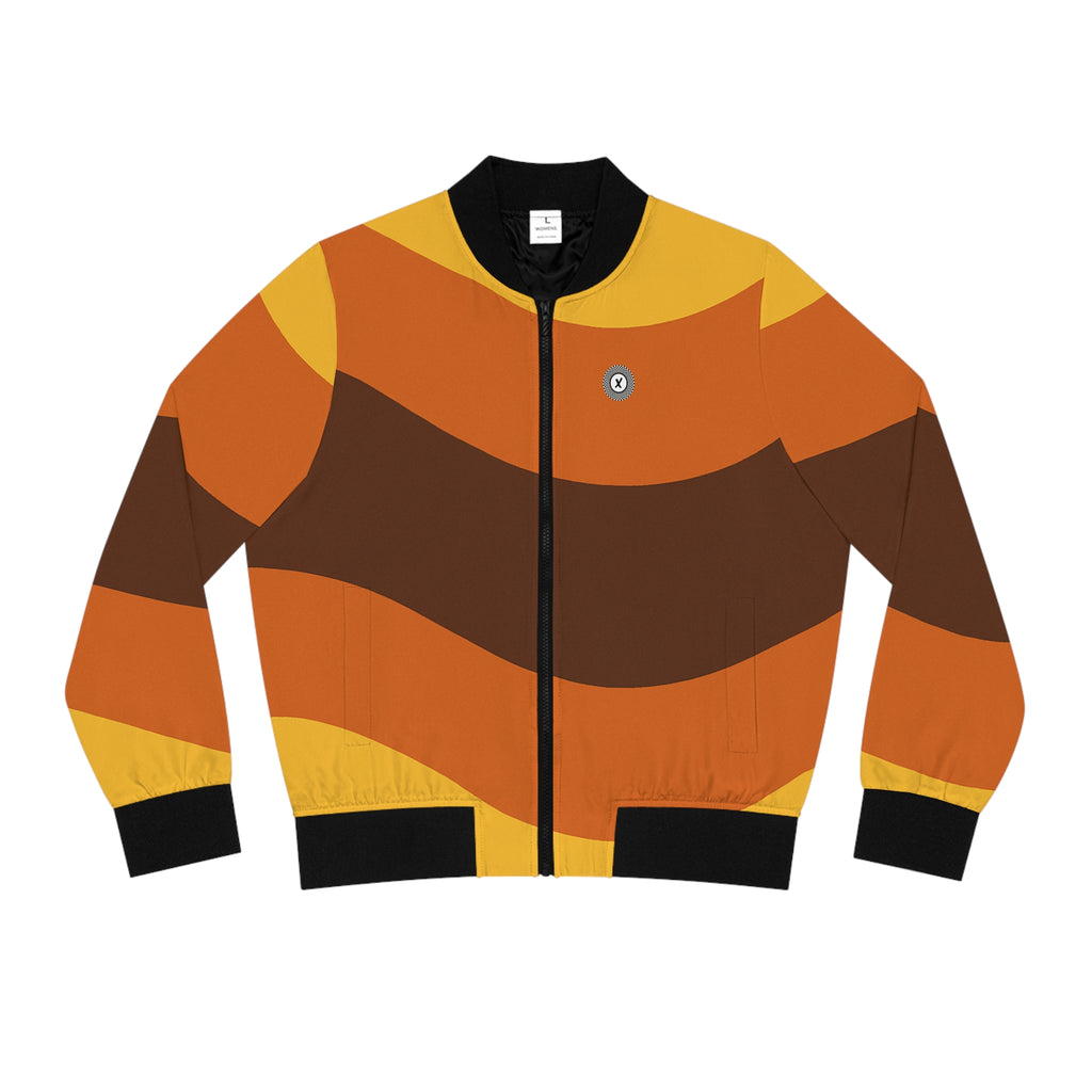 Retro Wave Stripe Bomber Jacket | Orange Brown All-Over Print