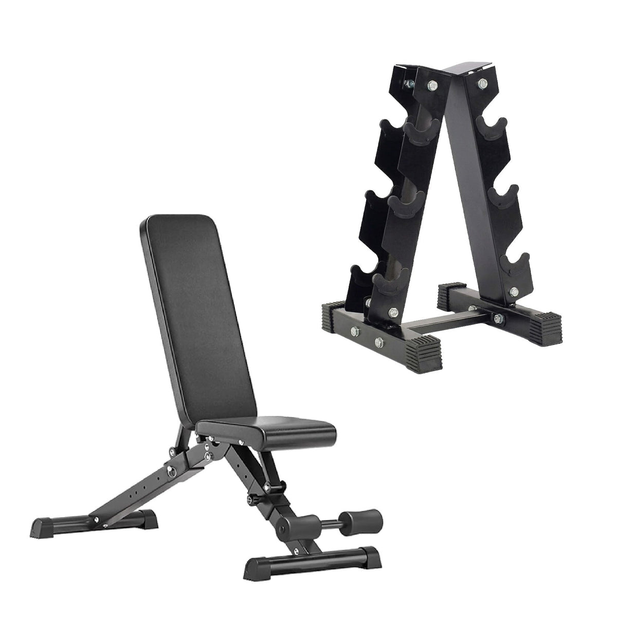 Hex Dumbbell Set with 3-Tier Tree Rack & Optional Bench – Rubber Coated Anti-Roll Weights for Home Gym