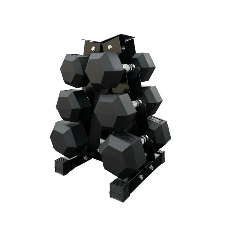 Hex Dumbbell Set with 3-Tier Tree Rack & Optional Bench – Rubber Coated Anti-Roll Weights for Home Gym