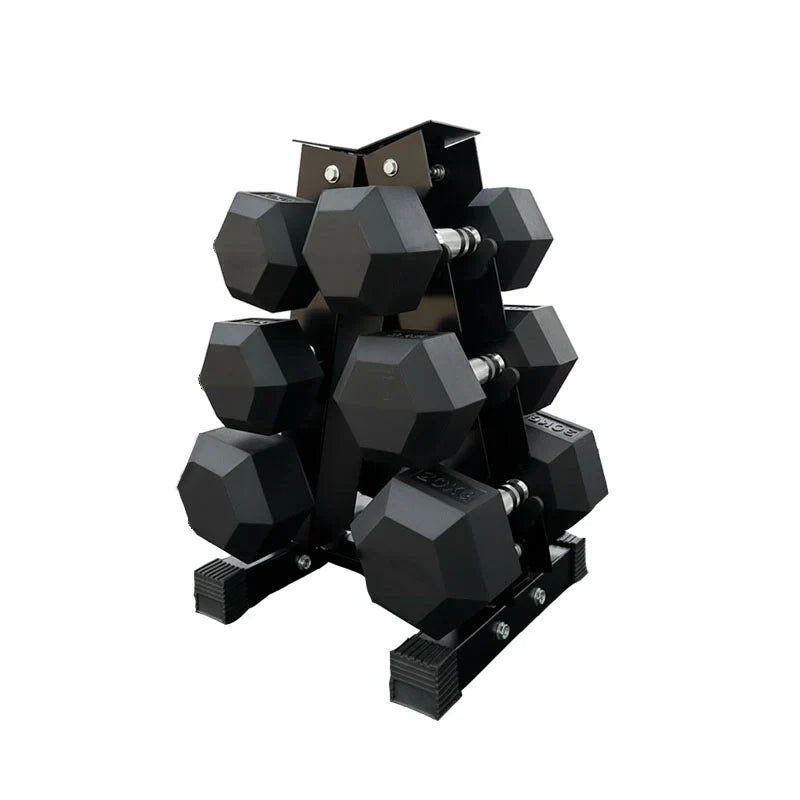 Hex Dumbbell Set with 3-Tier Tree Rack & Optional Bench – Rubber Coated Anti-Roll Weights for Home Gym