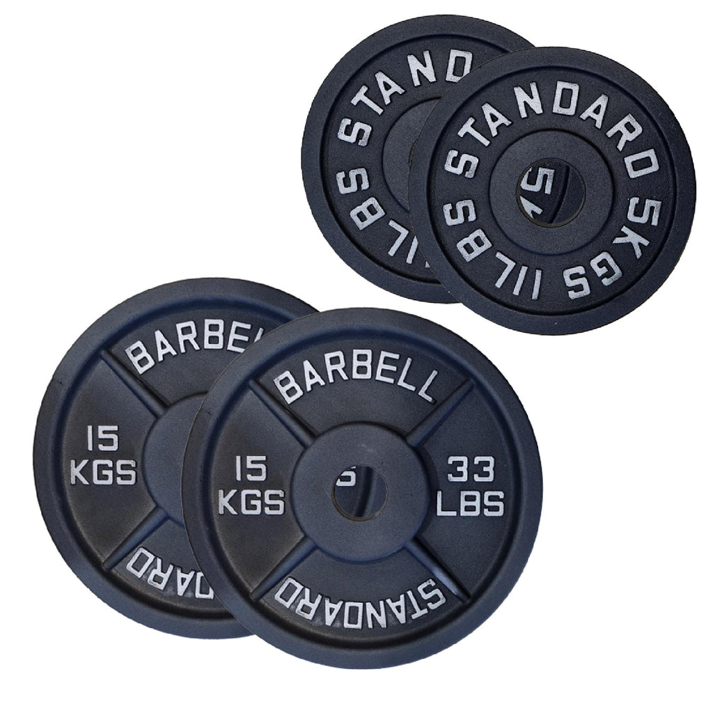 Cast Iron Weight Plates Set and Pair with Olympic Barbell + Clips