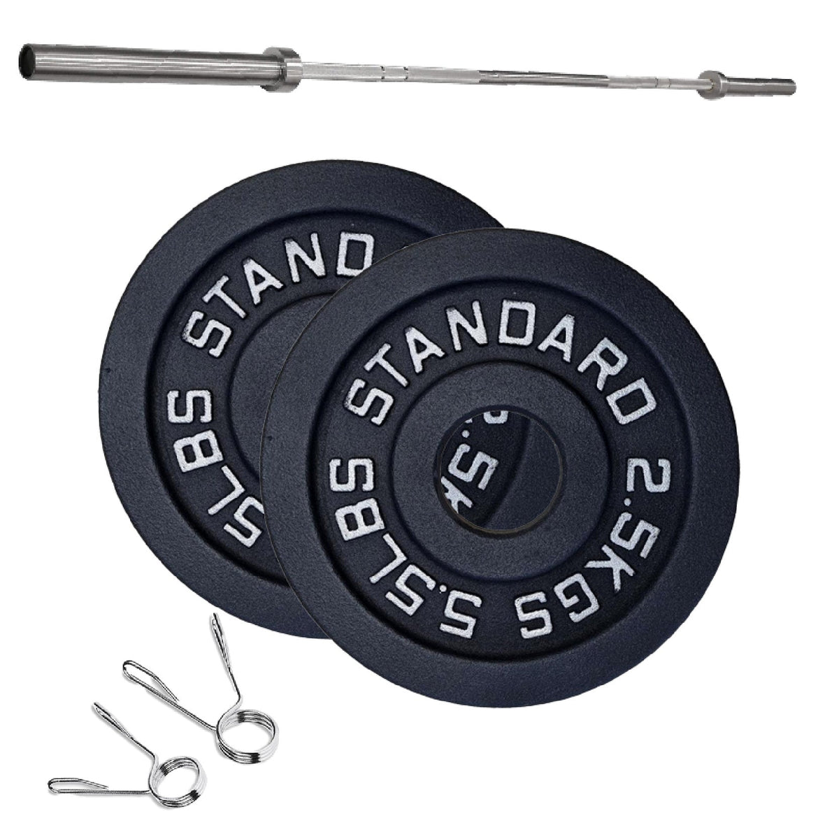 Cast Iron Weight Plates Set and Pair with Olympic Barbell + Clips