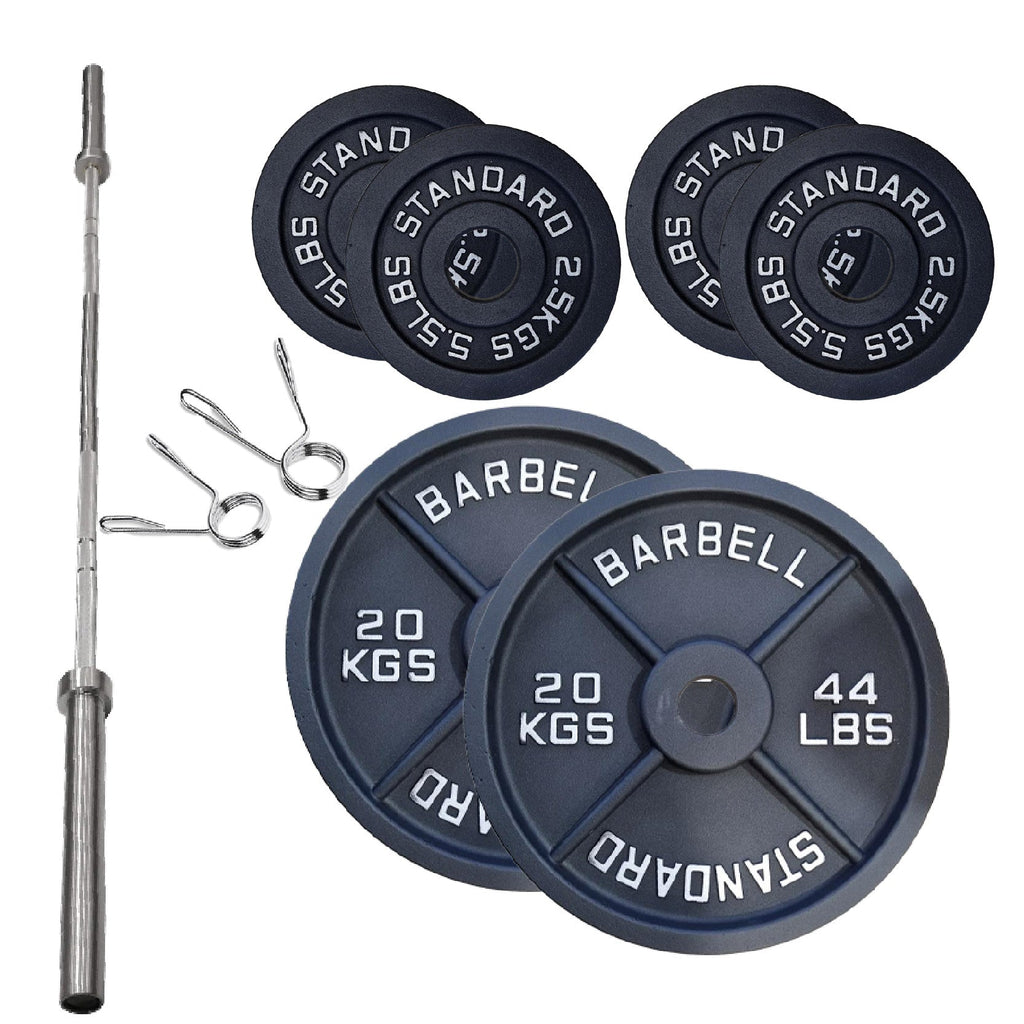 Cast Iron Weight Plates Set and Pair with Olympic Barbell + Clips