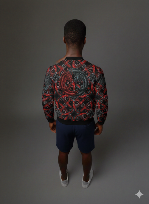 Dragon Bomber Jacket — Red & Black Mythic All-Over Print