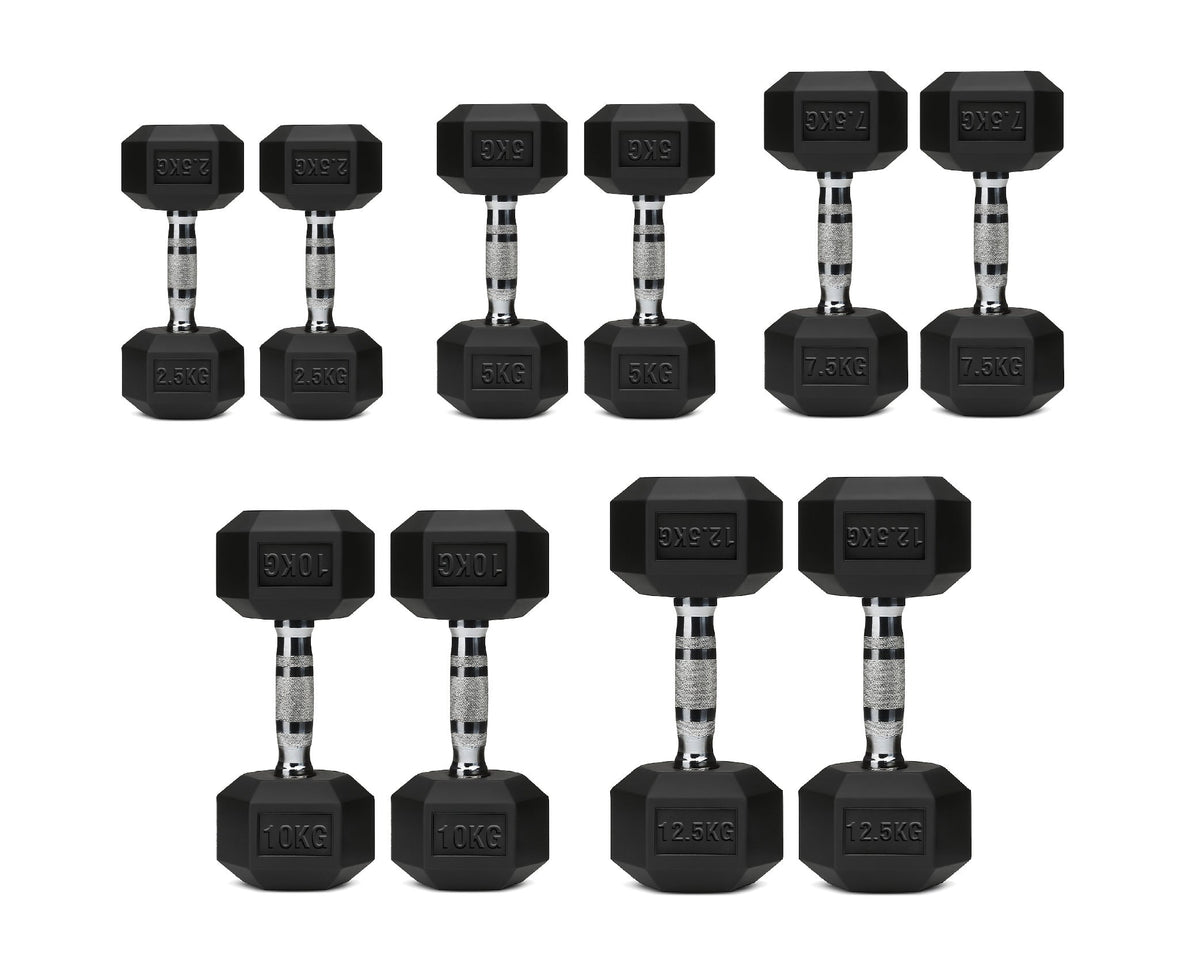 Hex Dumbbells Pair – Rubber-Coated Cast Iron – 2.5kg to 60kg – Premium Gym Weights