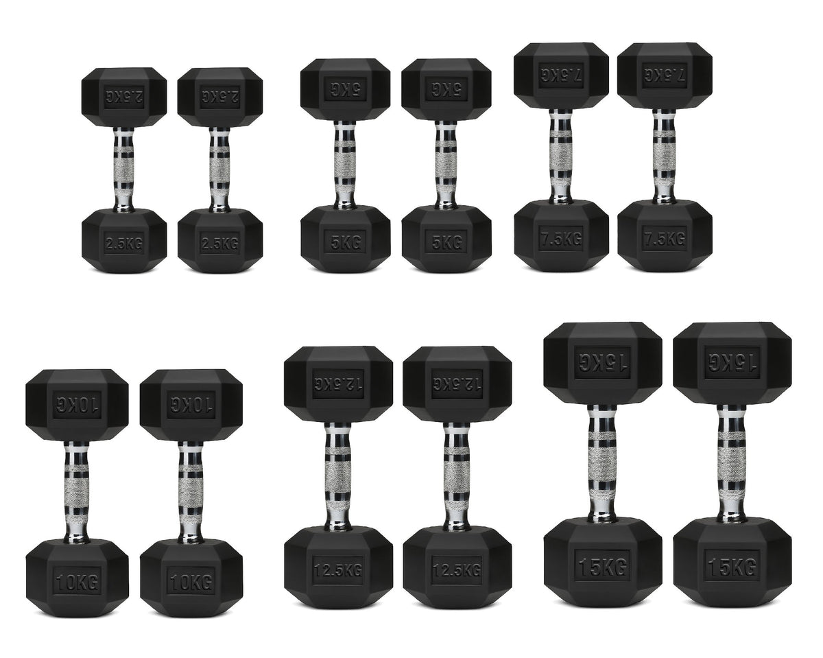 Hex Dumbbells Pair – Rubber-Coated Cast Iron – 2.5kg to 60kg – Premium Gym Weights