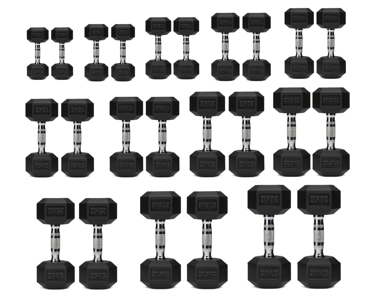 Hex Dumbbells Pair – Rubber-Coated Cast Iron – 2.5kg to 60kg – Premium Gym Weights