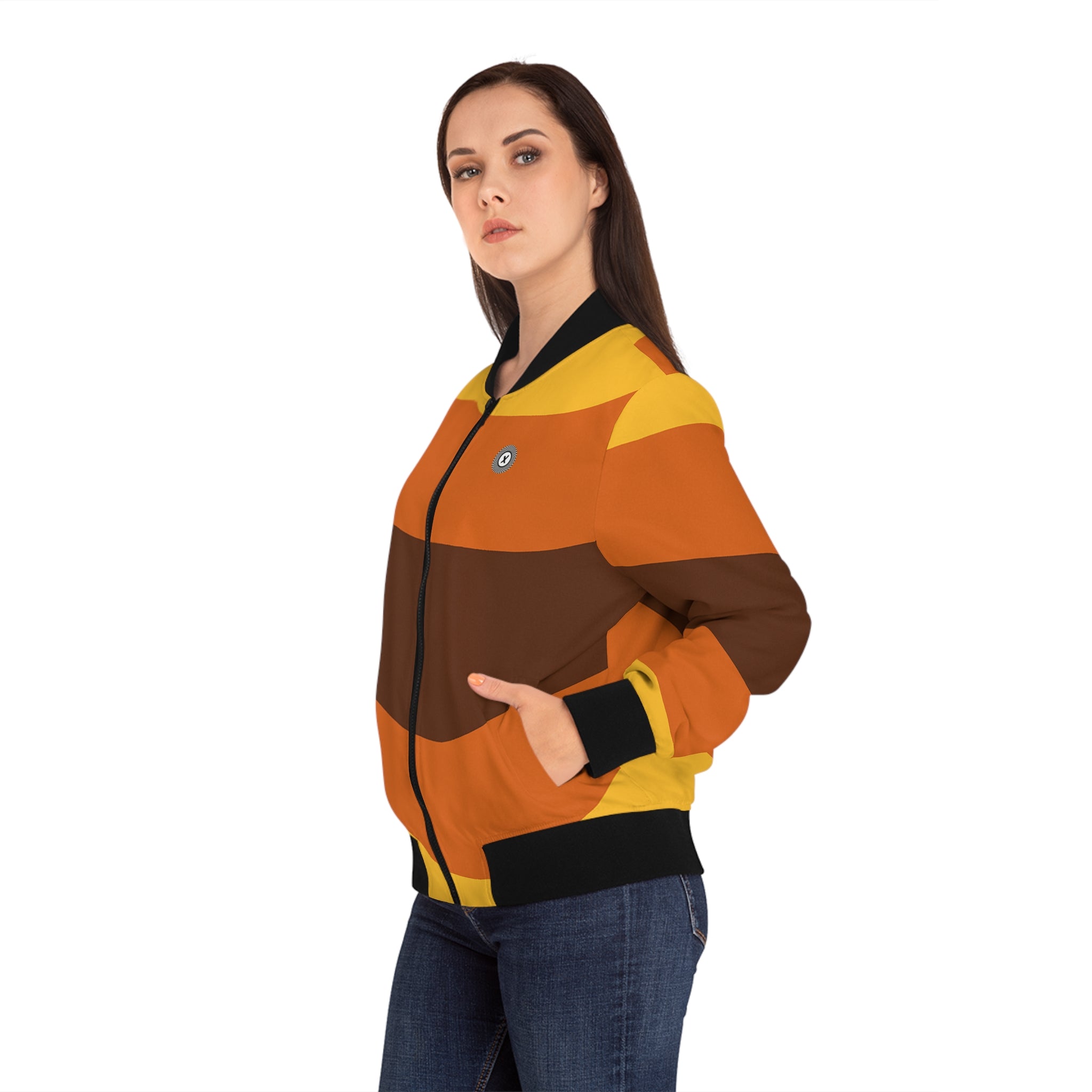 Retro Wave Stripe Bomber Jacket | Orange Brown All-Over Print