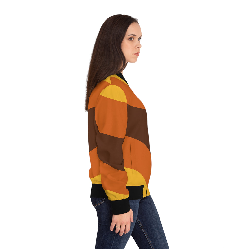 Retro Wave Stripe Bomber Jacket | Orange Brown All-Over Print