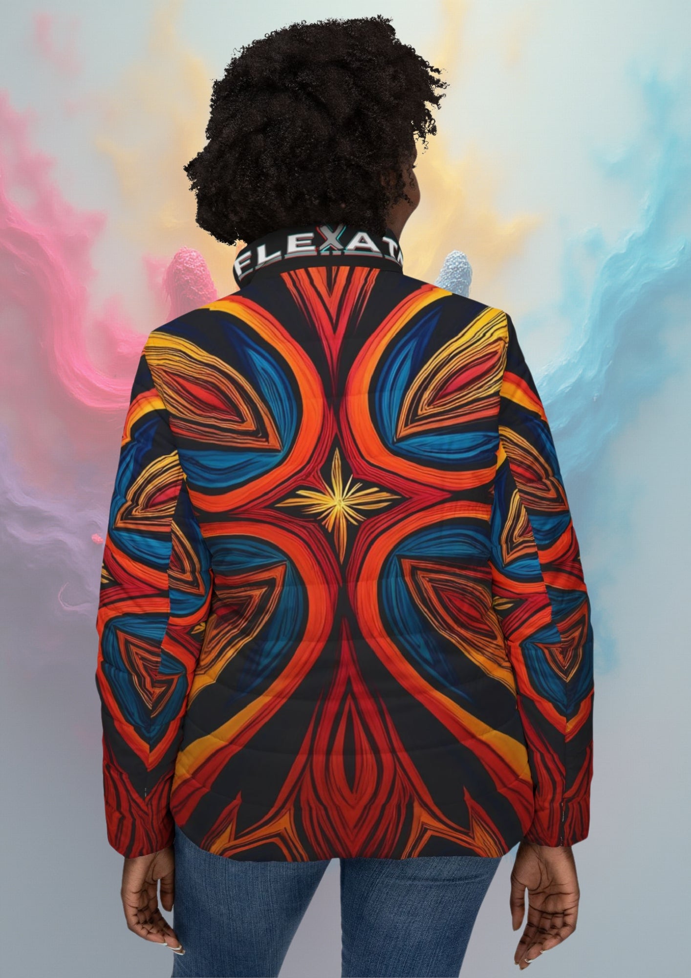 Flexate Fire X Woman's Puffer Jacket - AOP Design