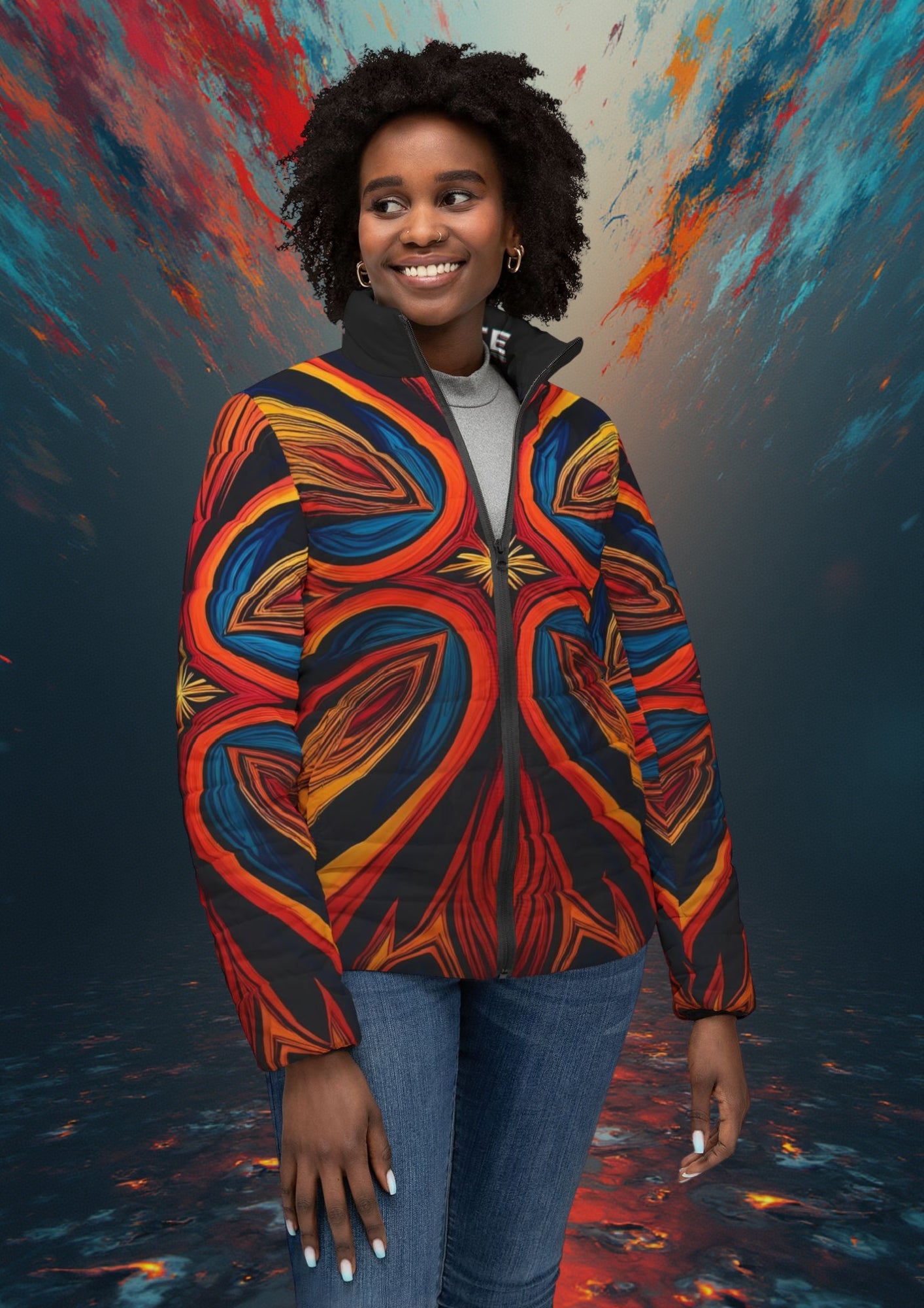 Flexate Fire X Woman's Puffer Jacket - AOP Design