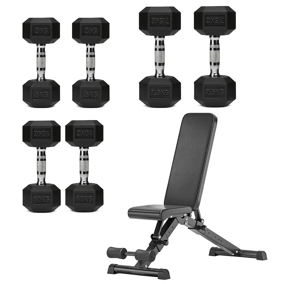 Hex Dumbbell Set with 3-Tier Tree Rack & Optional Bench – Rubber Coated Anti-Roll Weights for Home Gym