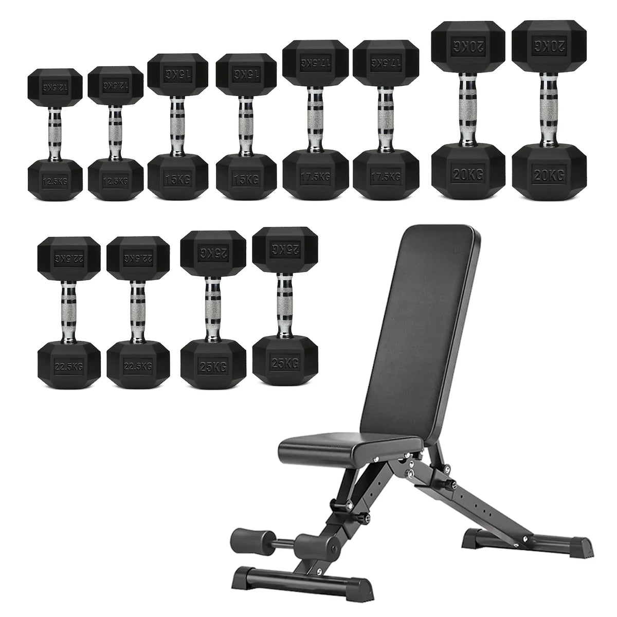 Hex Dumbbells 6 Tier Rack with or without Weights & Bench – Vertical Dumbbell Storage Stand for Home Gym (2.5kg–30kg)